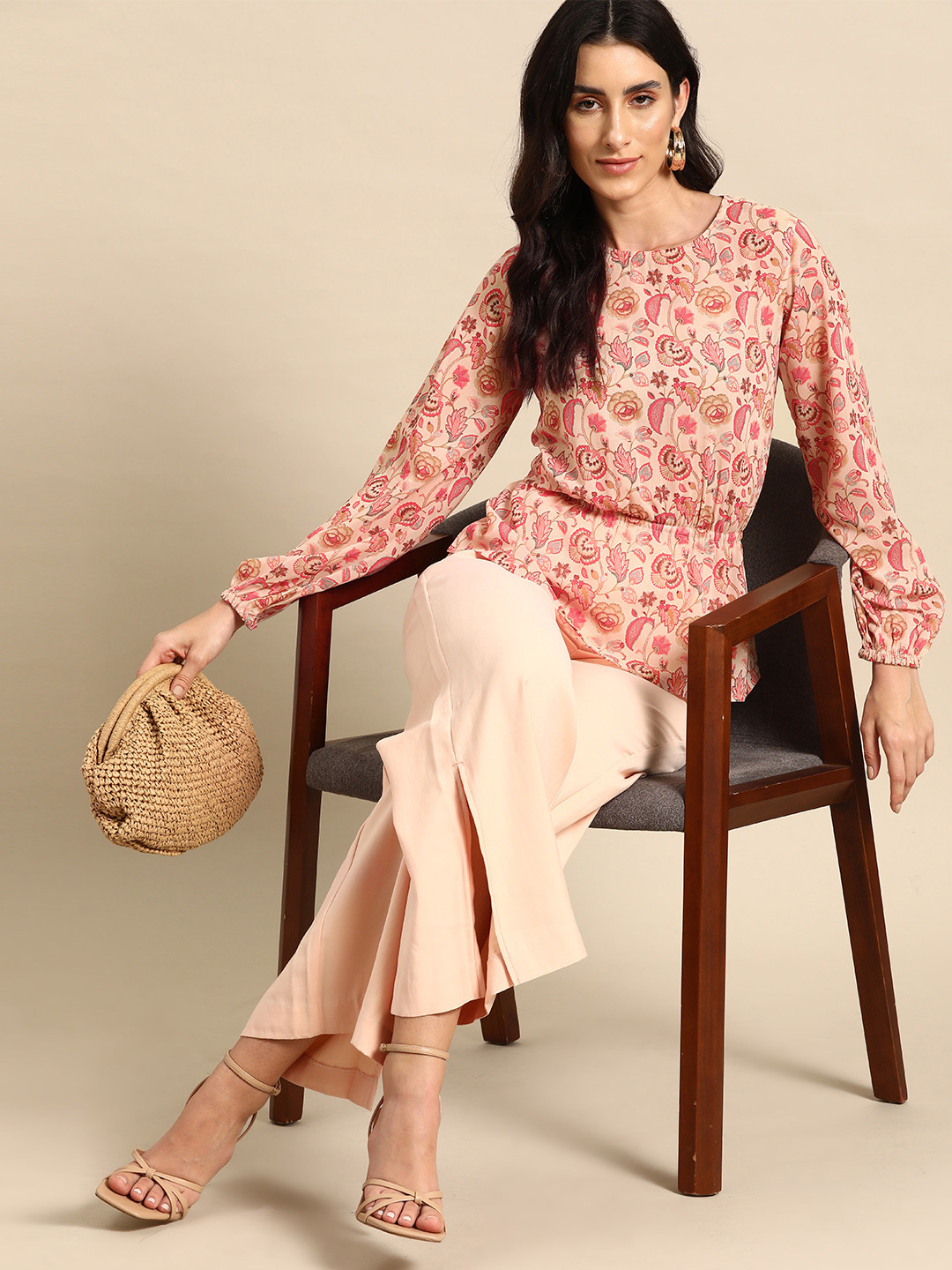 Routes by All About You Ethnic Print Puff Sleeves Cinched Waist Top