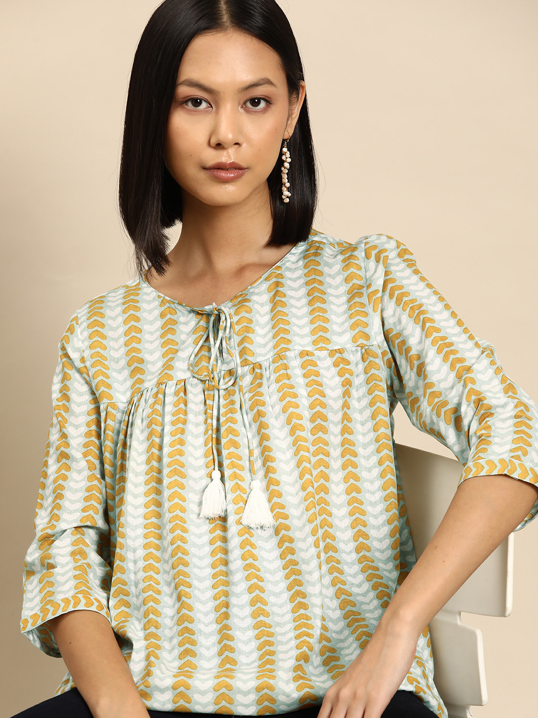 all about you Blue & White Ethnic Motifs Printed Pure Cotton Empire Short Kurti