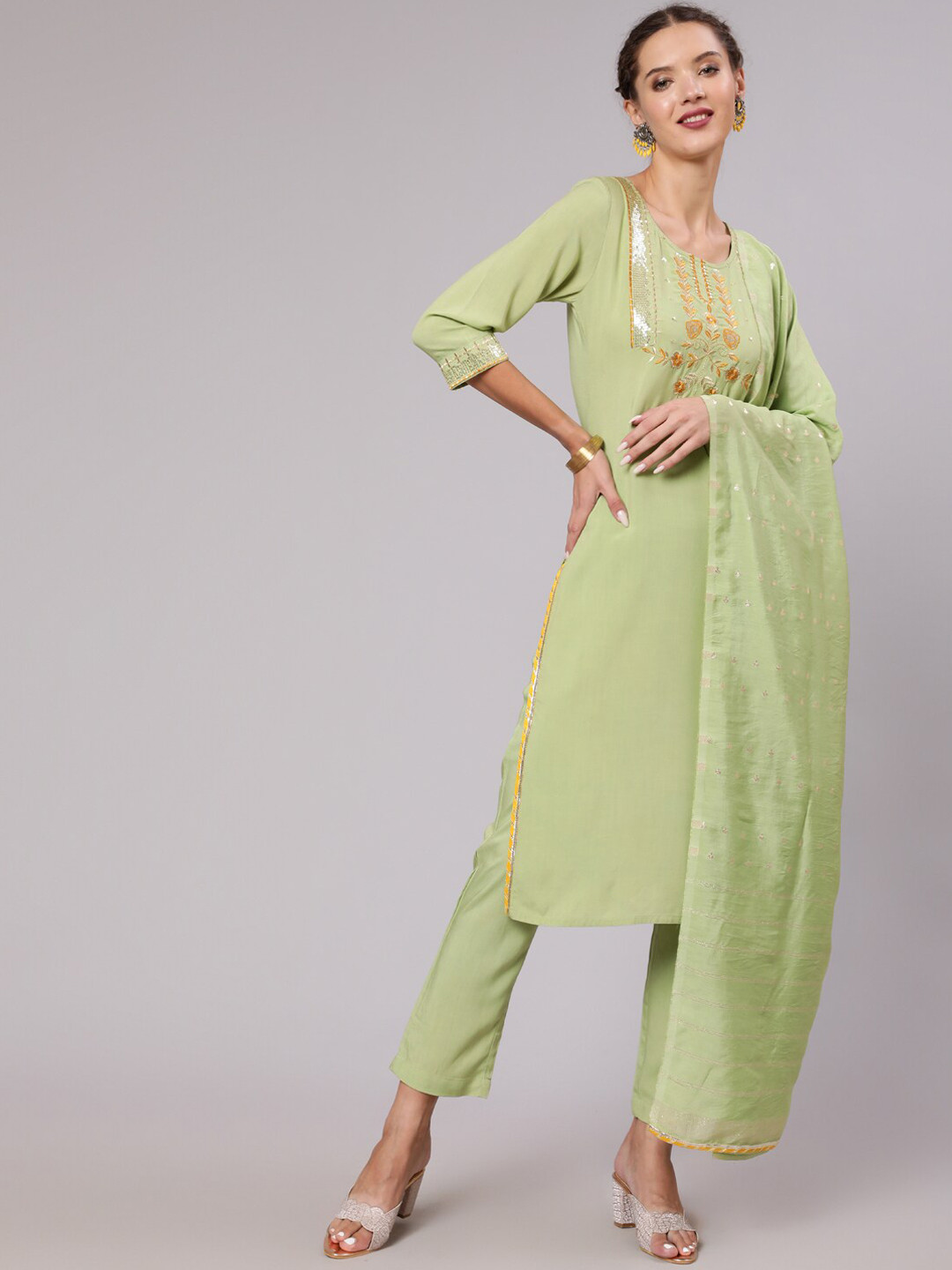 Jaipur Kurti Green Sequinned Embellished Regular Kurta with Trousers & Dupatta