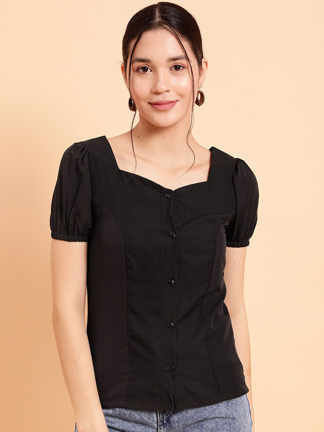 MINT STREET Sweet-Heart Neck Puff Sleeve Crepe Top