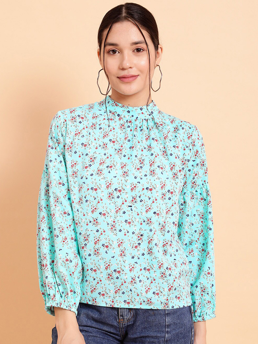 MINT STREET High Neck Floral Print Crepe Top