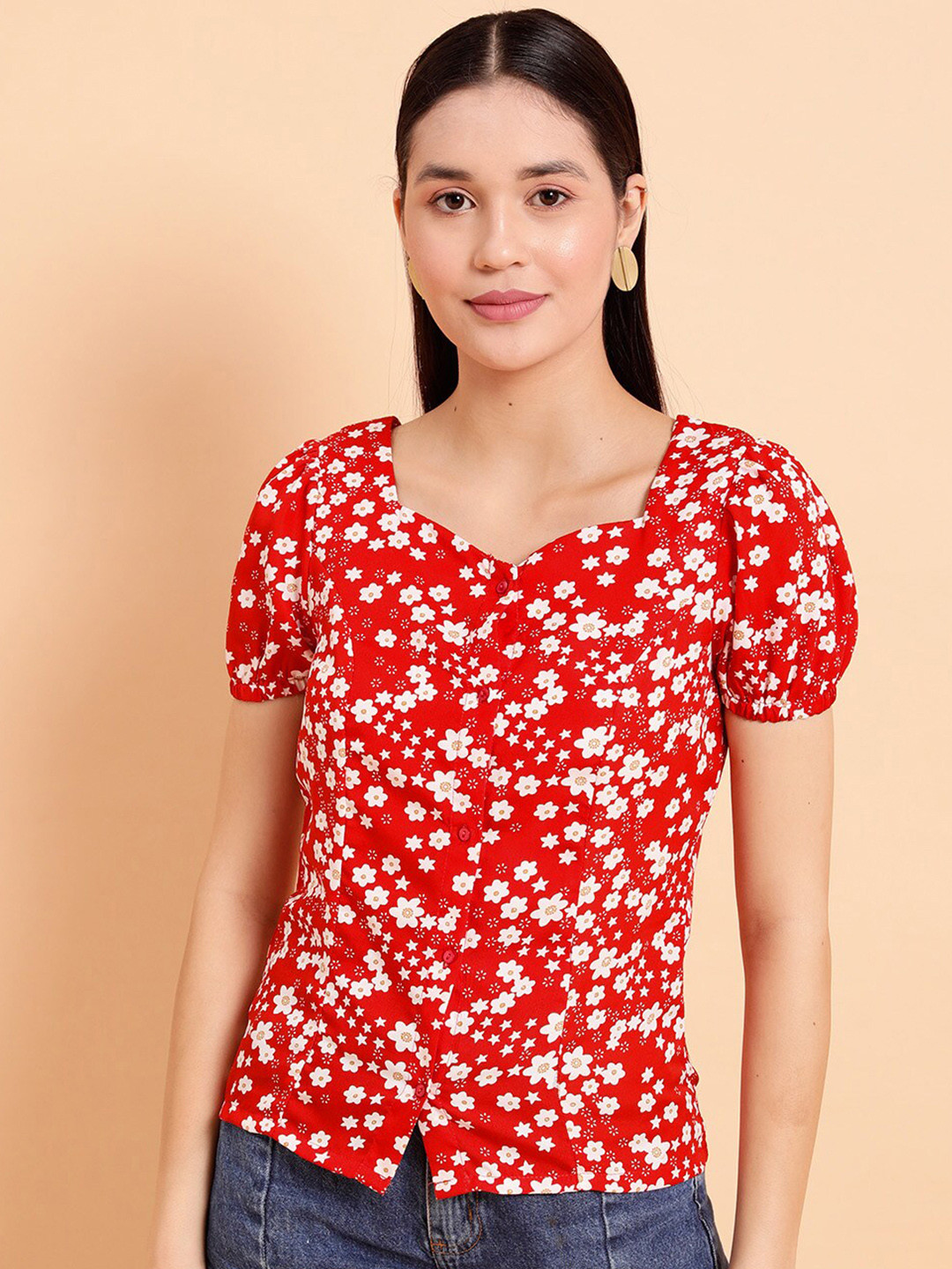 MINT STREET Floral Printed Sweet-Heart Neck Puff Sleeve Crepe Top