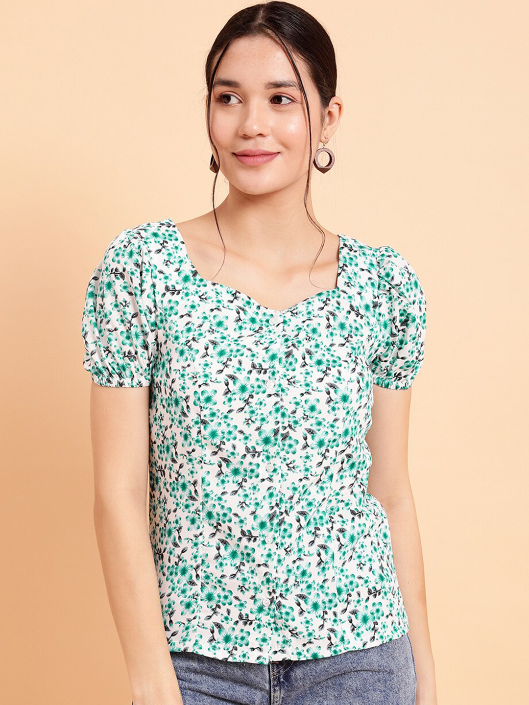 MINT STREET Floral Printed Sweet-Heart Neck Puff Sleeve Crepe Top