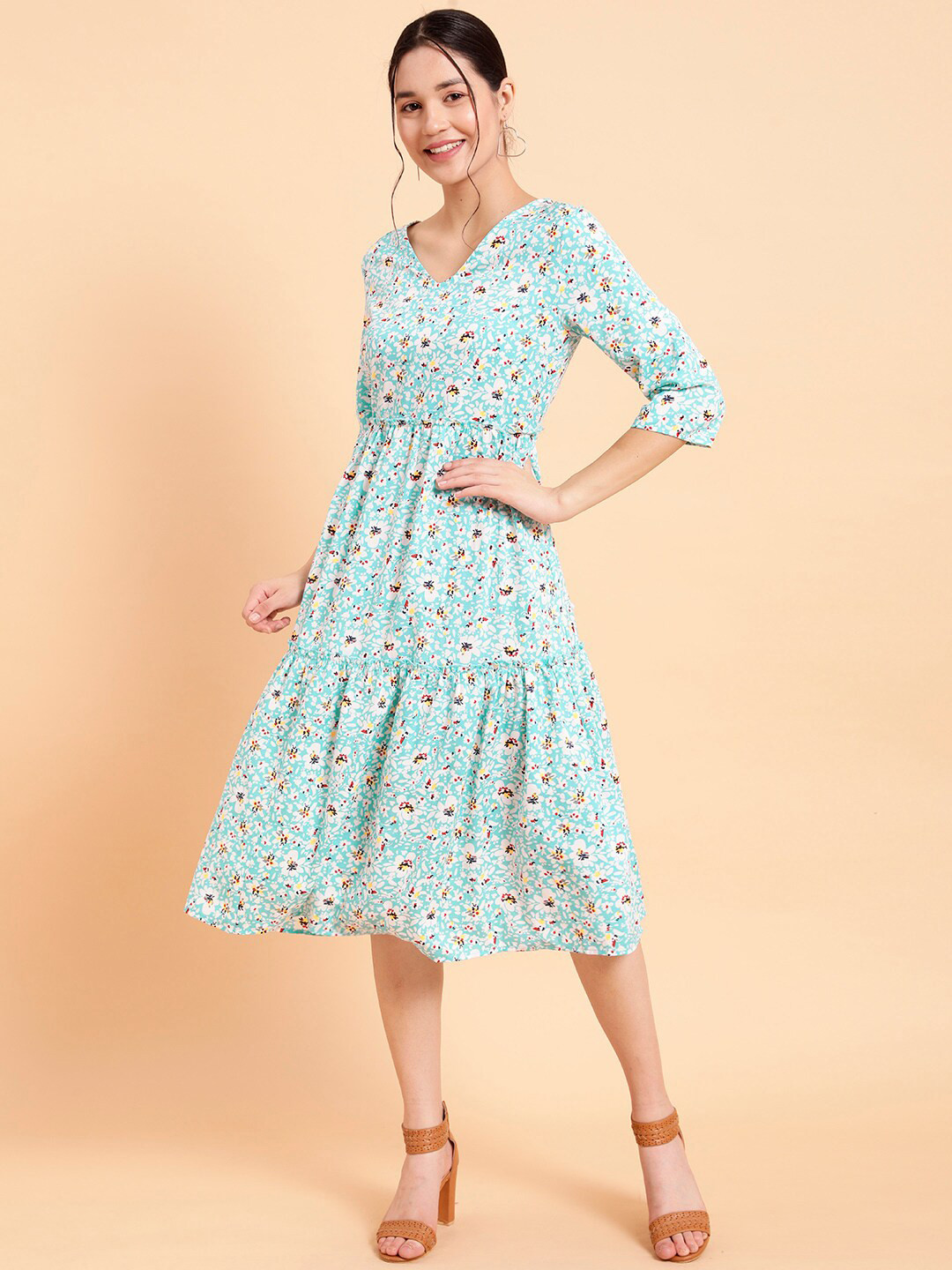 MINT STREET Floral Printed Tiered Gathers Detailed Midi Fit & Flare Dress