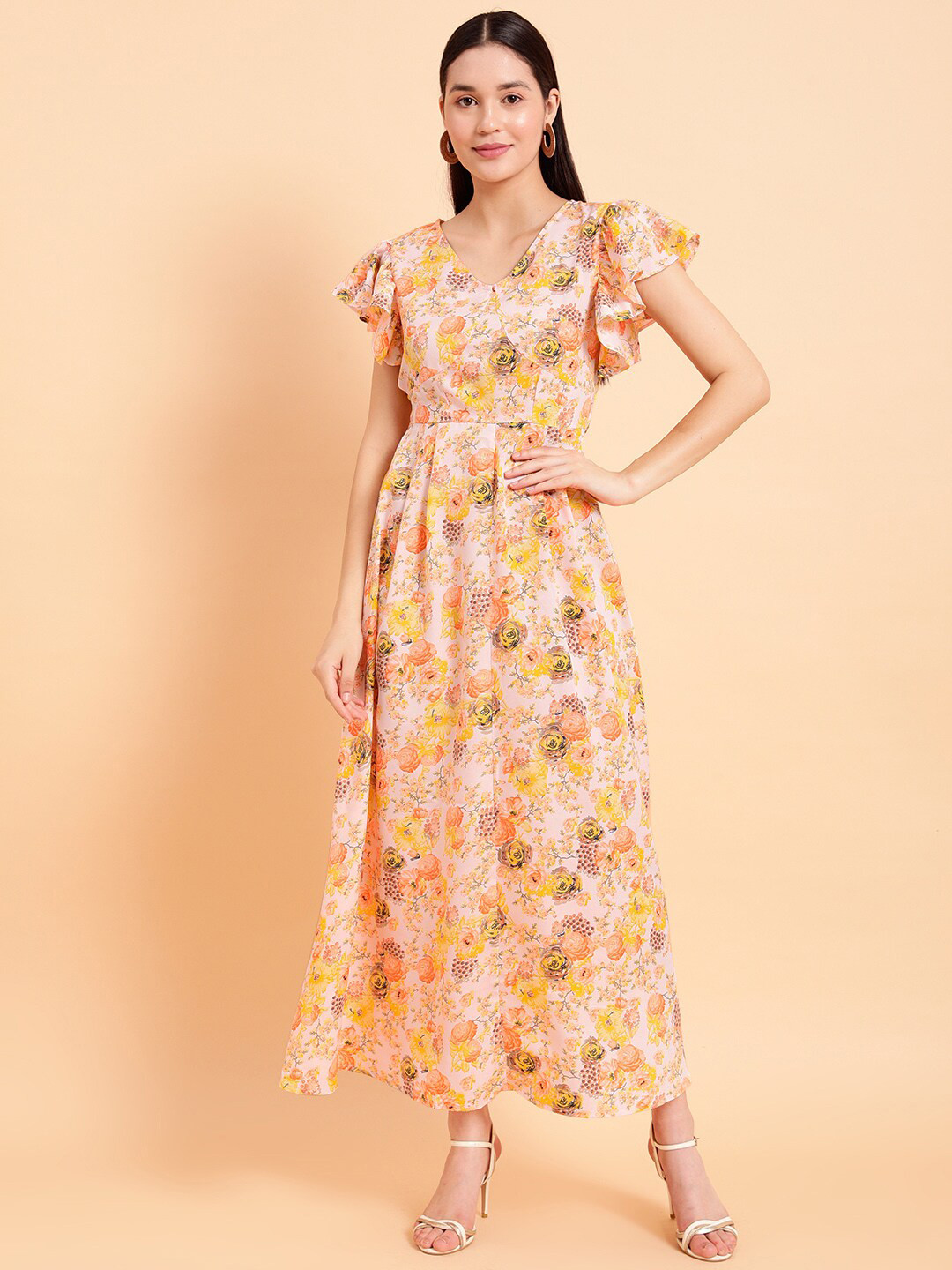 MINT STREET  Floral Printed Flutter Sleeve Crepe Maxi Dress