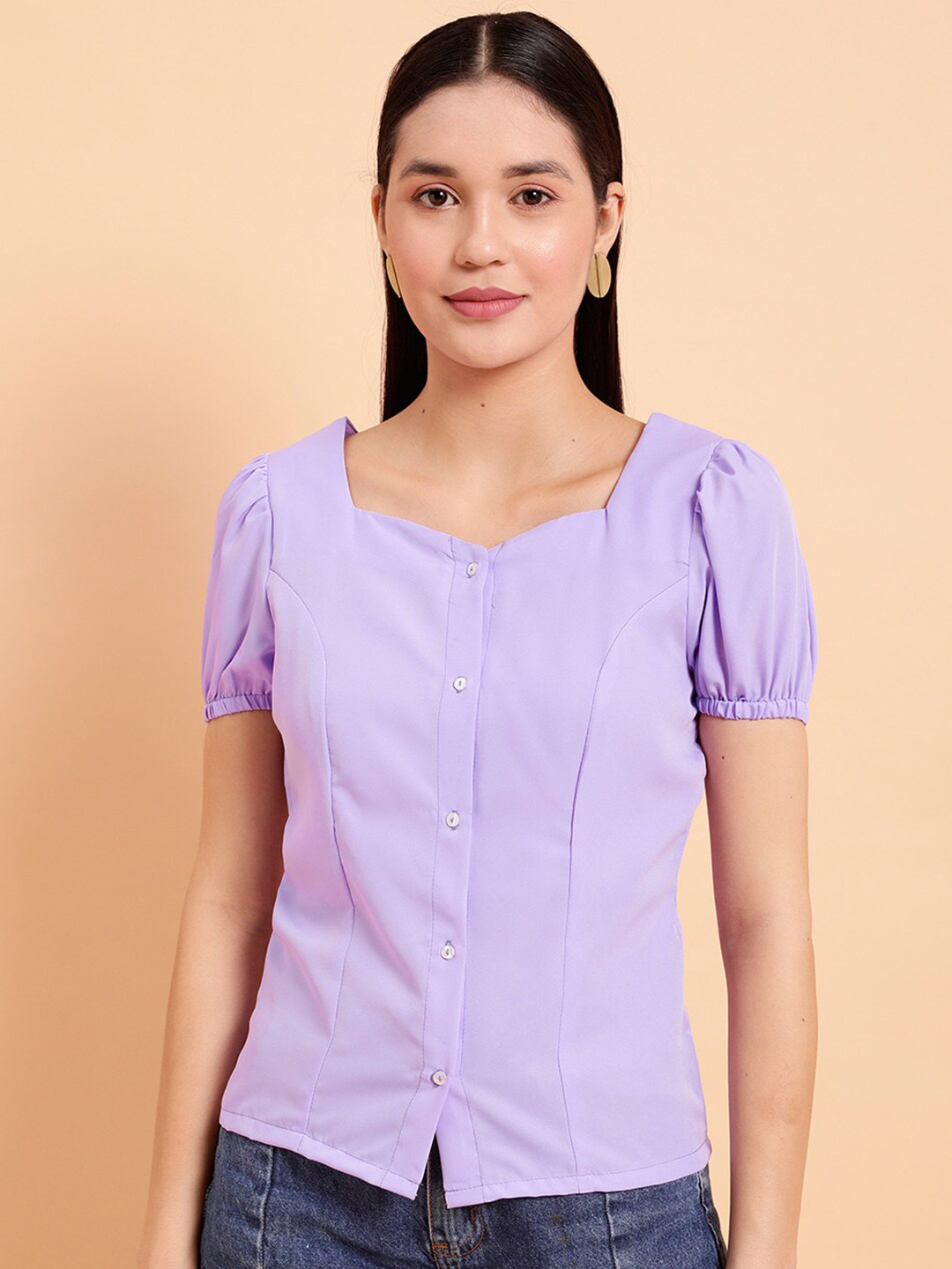 MINT STREET Sweet-Heart Neck Puff Sleeve Crepe Top