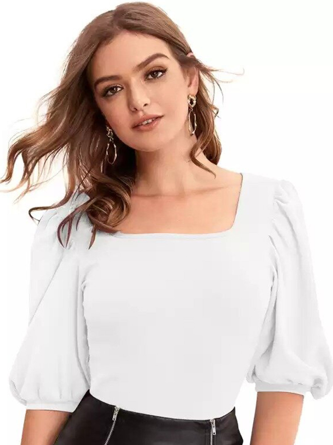 RAJOVATI Squared Neck Puff Sleeve Knitted Top