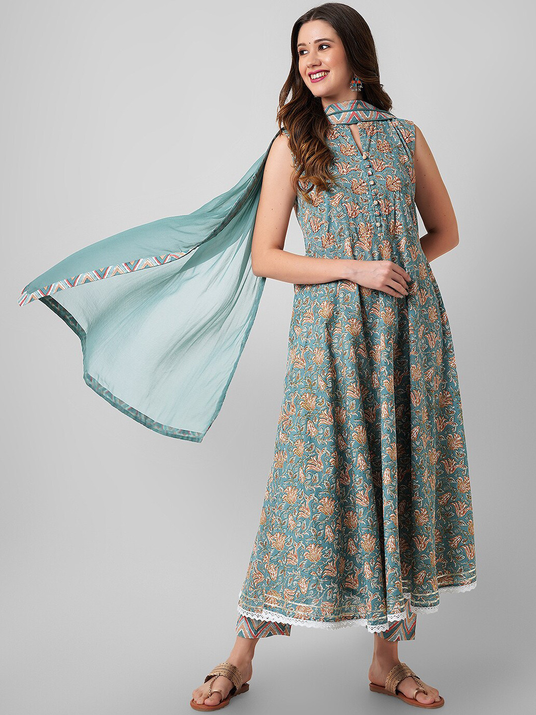 Haute and Humble Women Printed Kantha Work Pure Cotton Kurta With Trousers & Dupatta