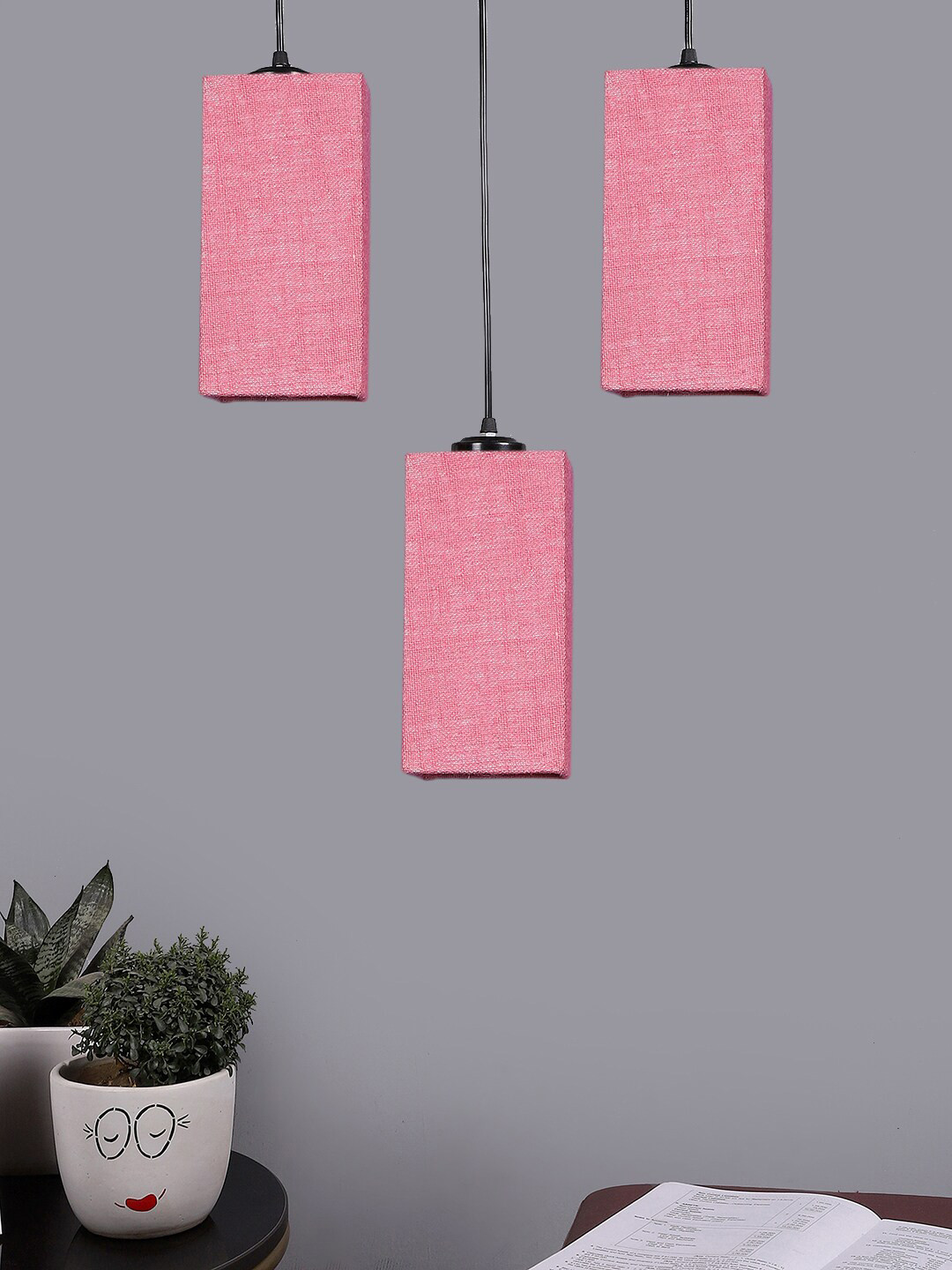 Devansh Pink & Black 3 Pcs Textured Cluster Square Shaped Hanging Lamps With Jute Shades