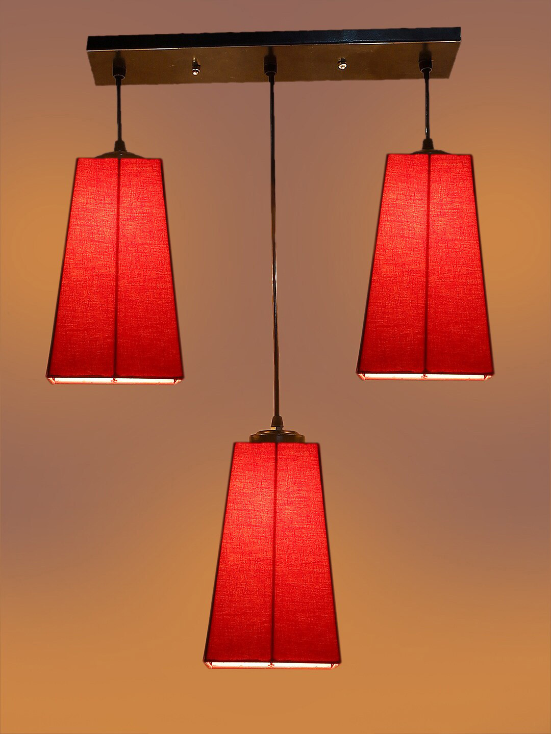 Devansh Red & Black 3 Pcs Cluster Pyramid Shaped Hanging Lamps With Cotton Shades