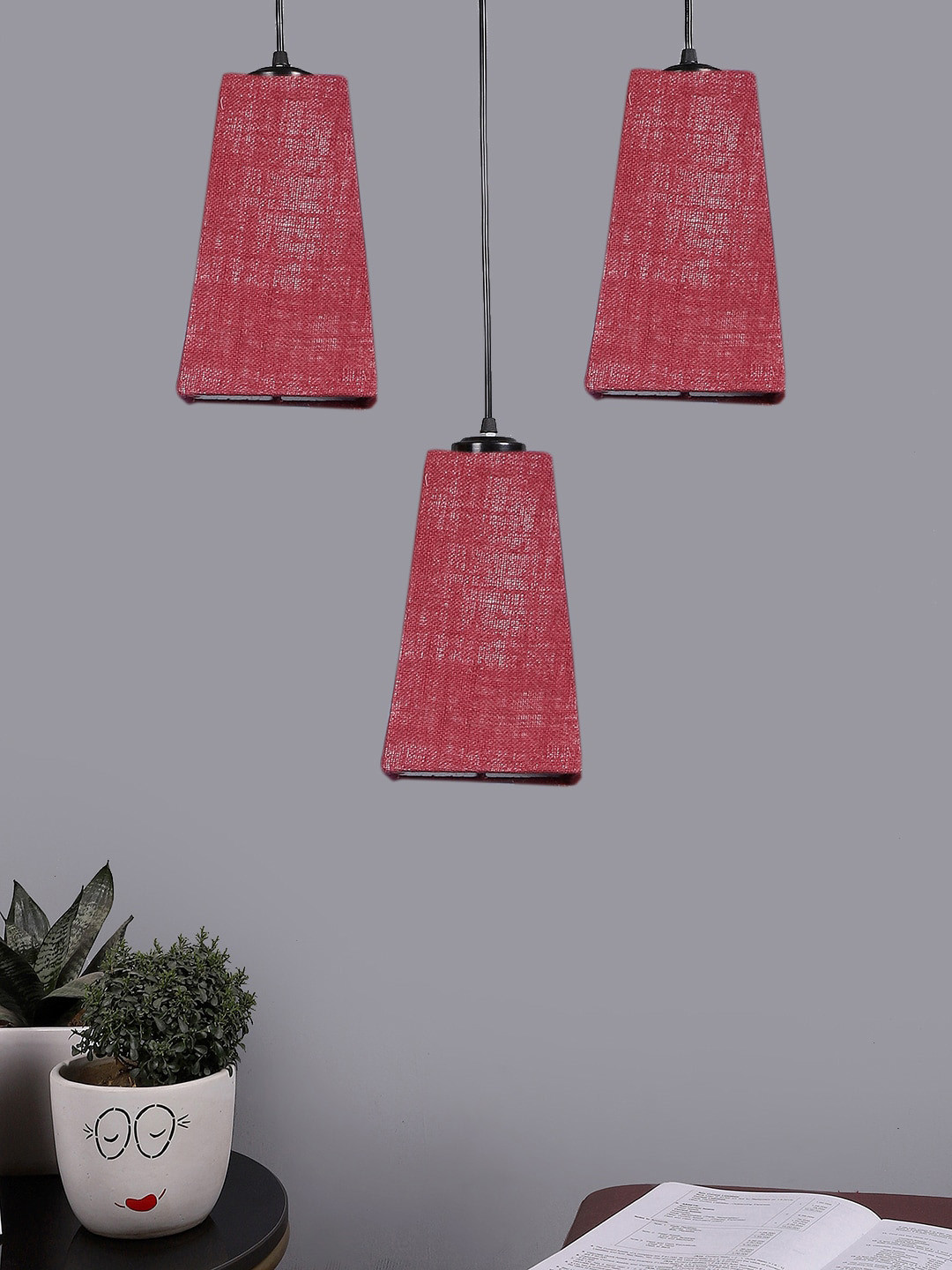 Devansh Maroon & Black Textured Cluster Pyramid Shaped Hanging Lamps With Jute Shades