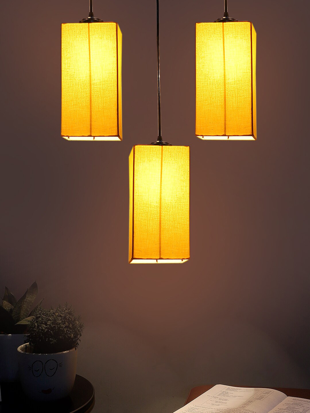 Devansh Yellow & Black Cluster Square Shaped Hanging Lamps & Cotton Shades
