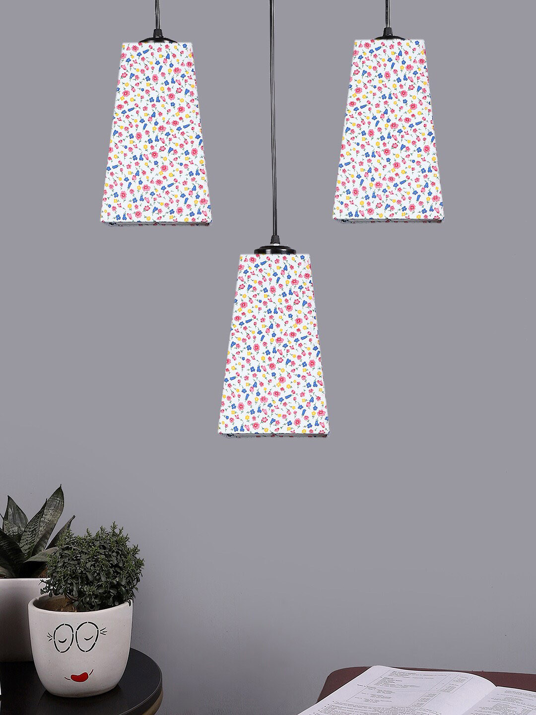 Devansh White & Pink Cluster Pyramid Hanging Lamps With Floral Printed Cotton Shades