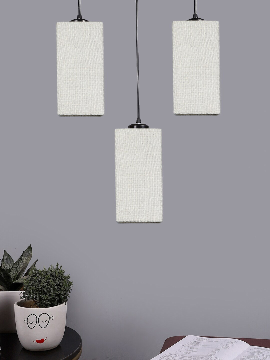 Devansh White & Black Textured Cluster Square Shaped Hanging Lamps With Jute Shades