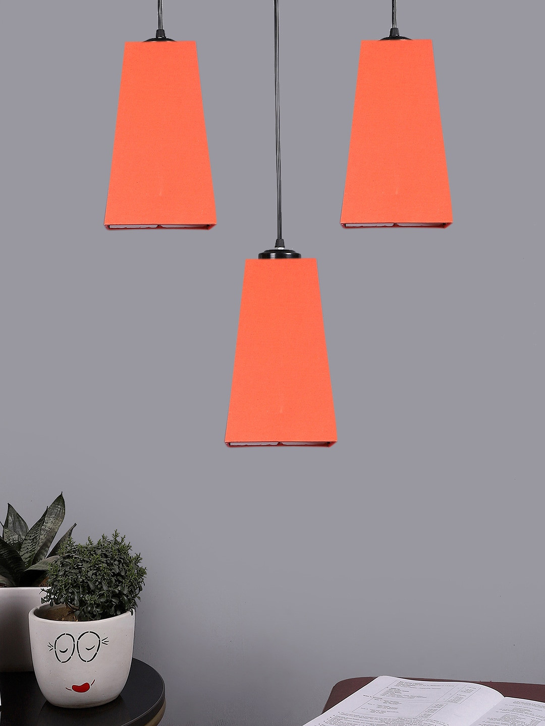 Devansh Orange-Colored & Black Cluster Pyramid Shaped Hanging Lamps With Cotton Shades
