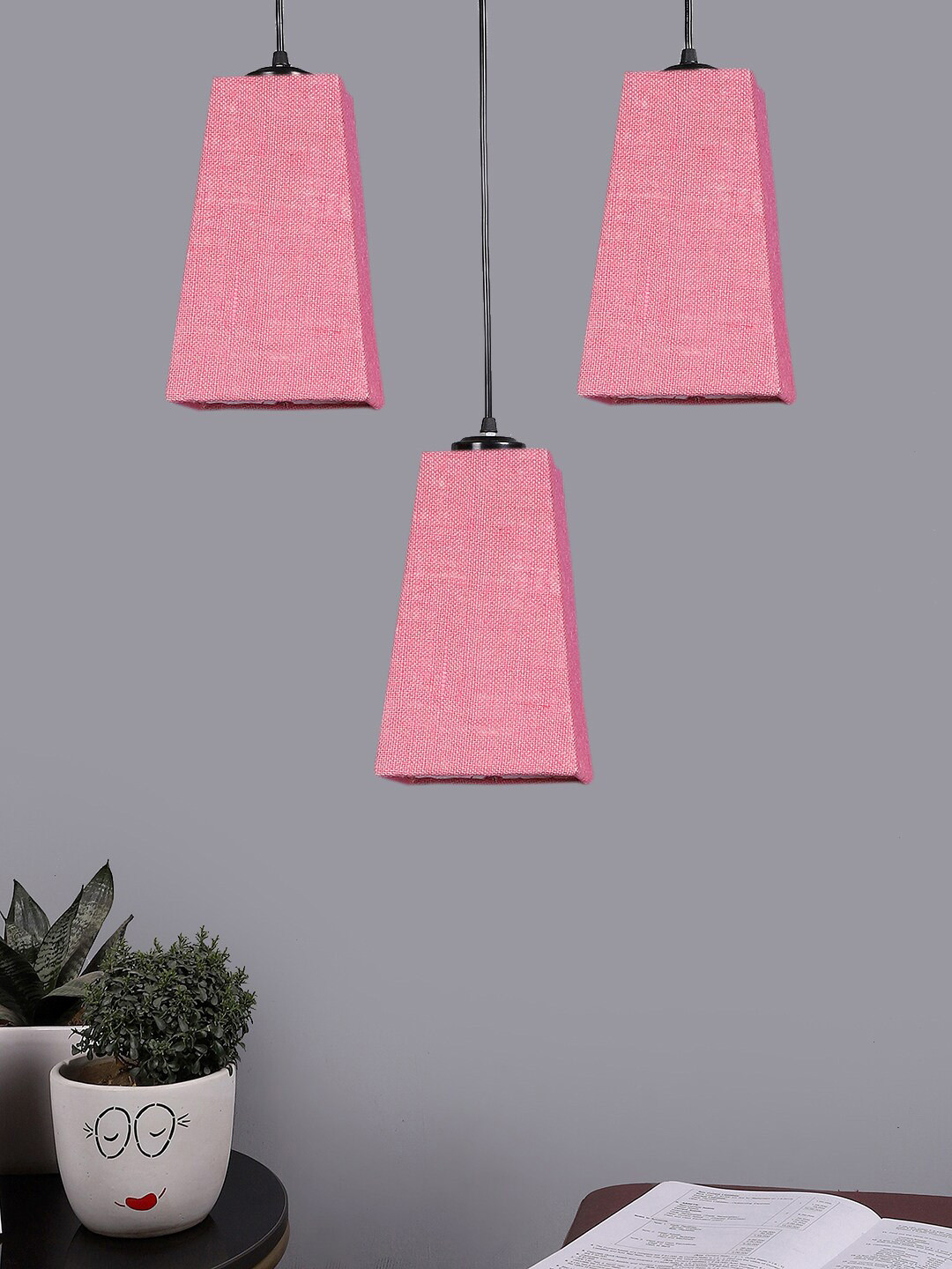 Devansh Pink & Black Textured Cluster Pyramid Shaped Hanging Lamps With Jute Shades