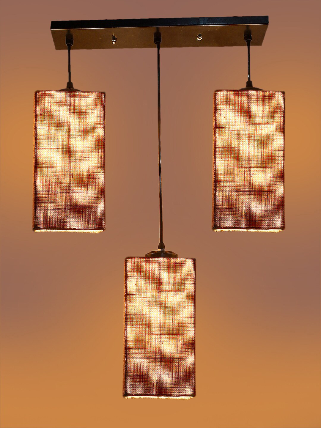 Devansh Beige & Black Textured Cluster 3 Square Shaped Hanging Lamps With Jute Shades