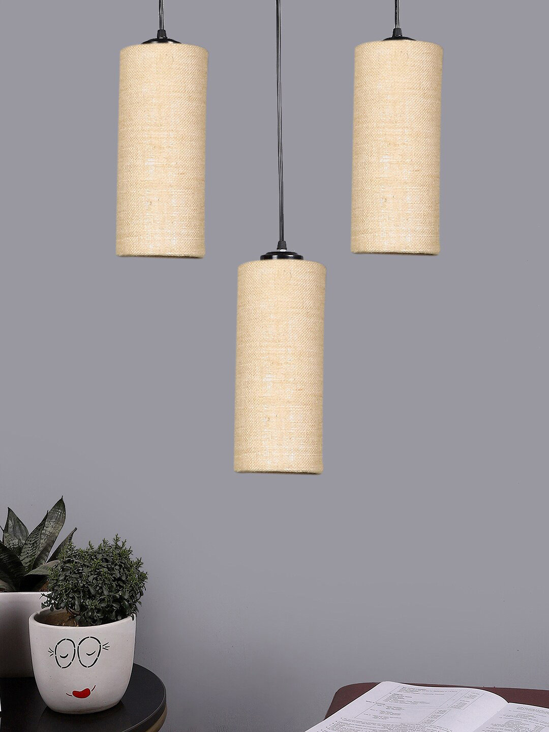 Devansh Beige & Black Textured Cluster 3 Round Hanging Lamps With Jute Shades