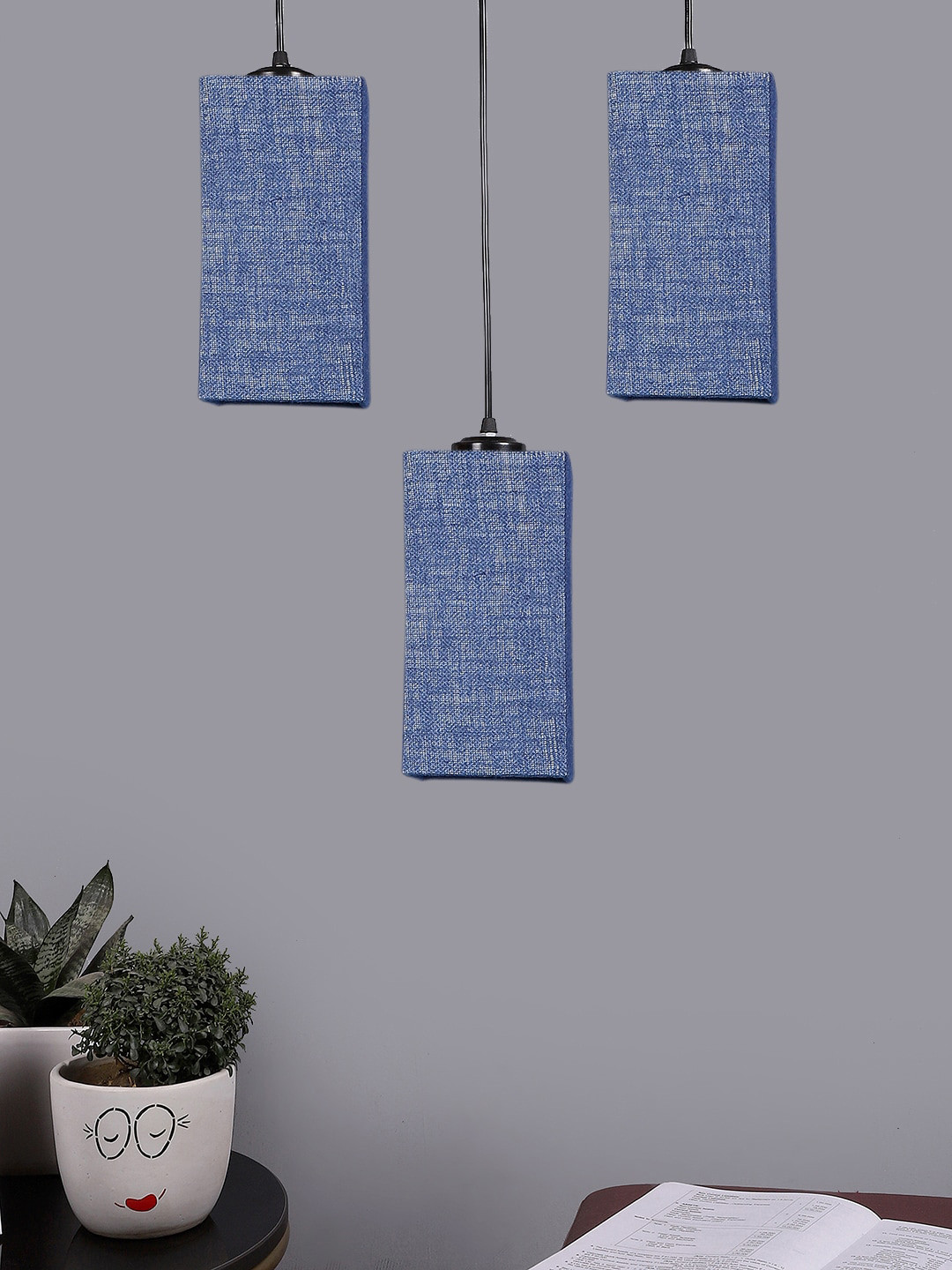 Devansh Blue & Black Textured Cluster 3 Square Shaped Hanging Lamps With Jute Shades