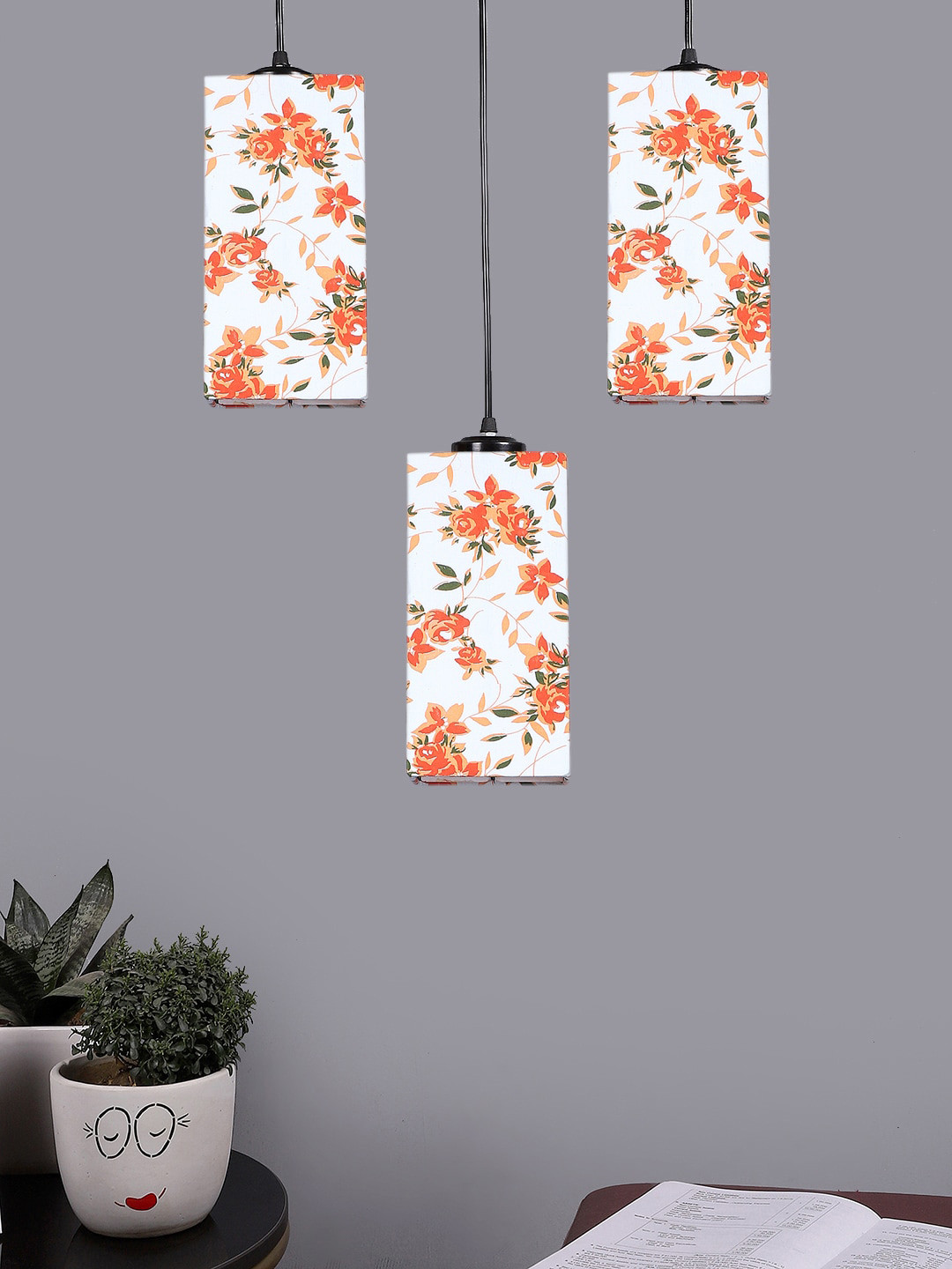 Devansh White & Orange-Colored Cluster 3 Square Hanging Lamps & Printed Cotton Shades