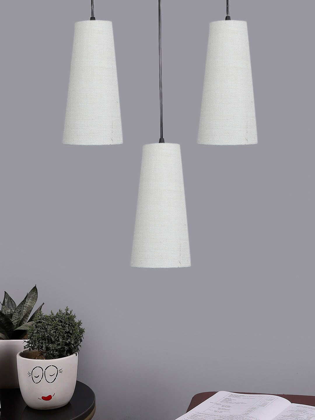 Devansh White & Black Textured Cluster 3 Conical Shaped Hanging Lamps With Jute Shades