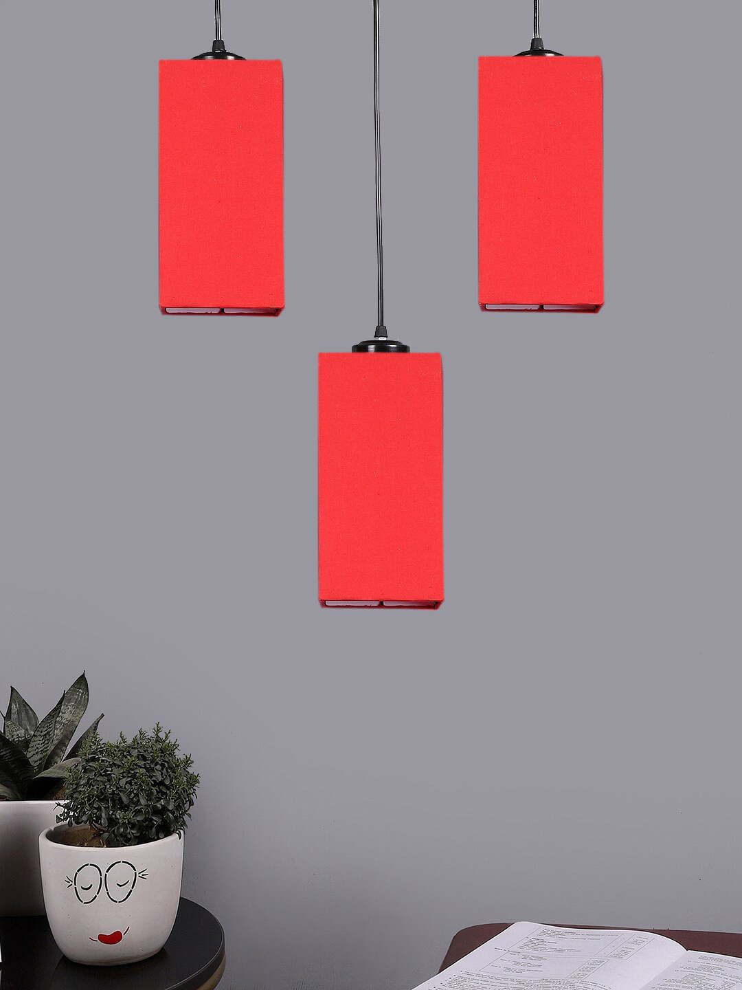 Devansh Red & Black Cluster 3 Square-Shaped Hanging Lamps & Cotton Shades