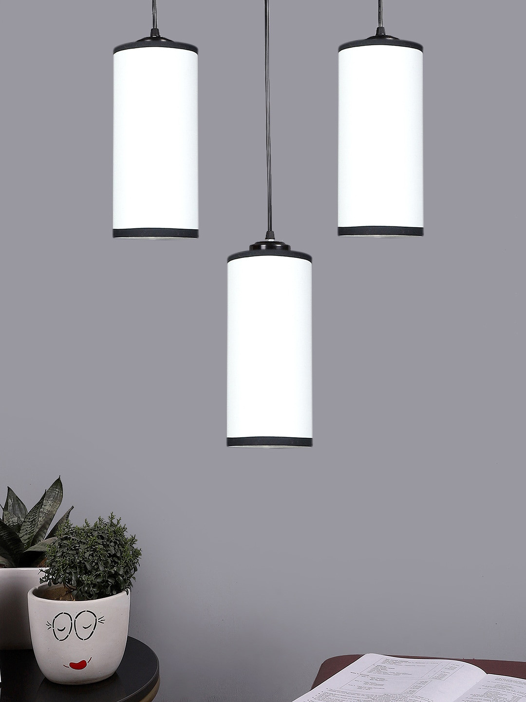 Devansh White & Black Cluster 3 Round Shaped Hanging Lamps With Cotton Shades