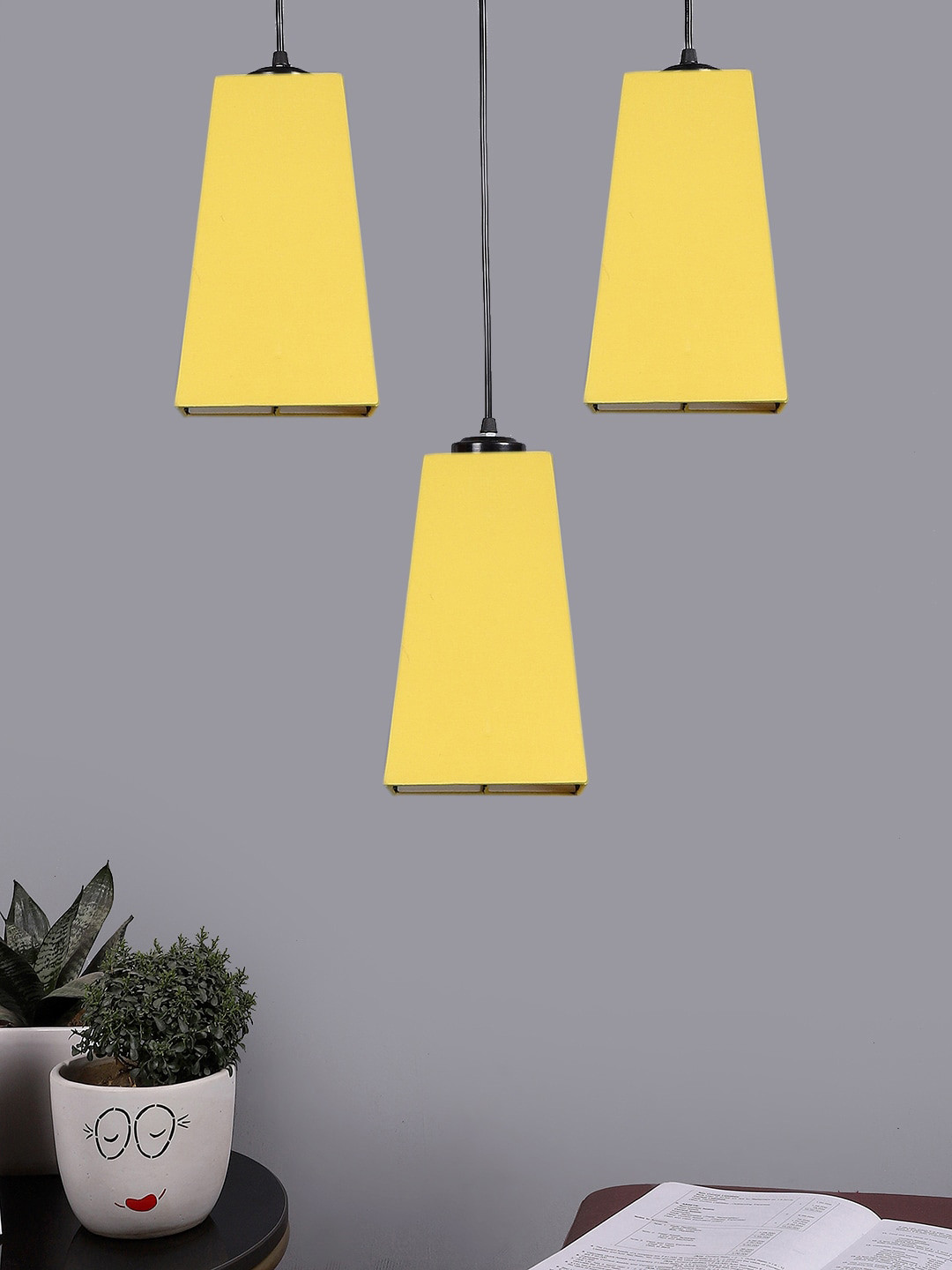Devansh Yellow & Black Cluster 3 Pyramid Shaped Hanging Lamps With Cotton Shades