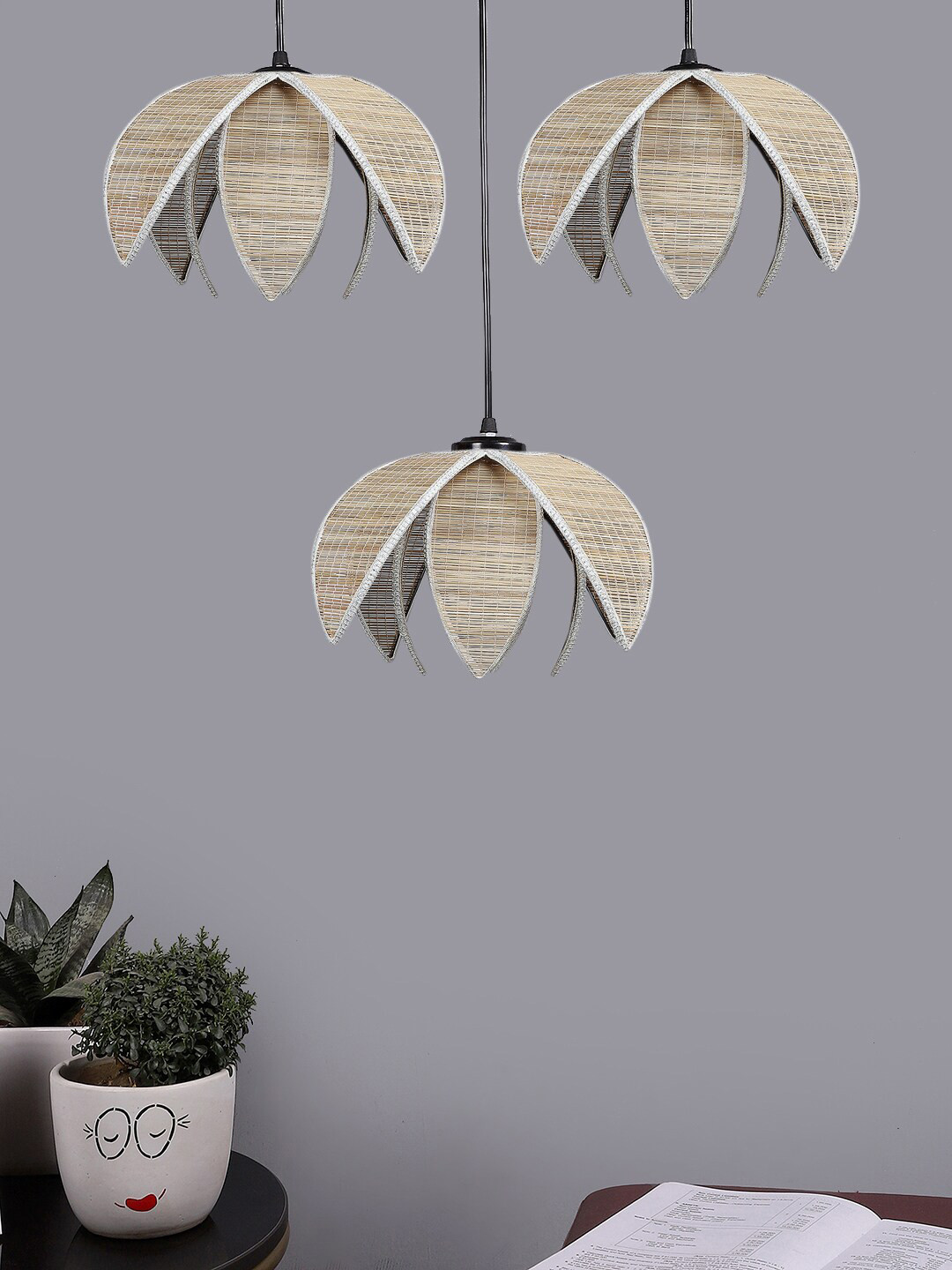 Devansh Beige & Black Textured Cluster 3 Floral Shaped Hanging Lamps With Bamboo Shades