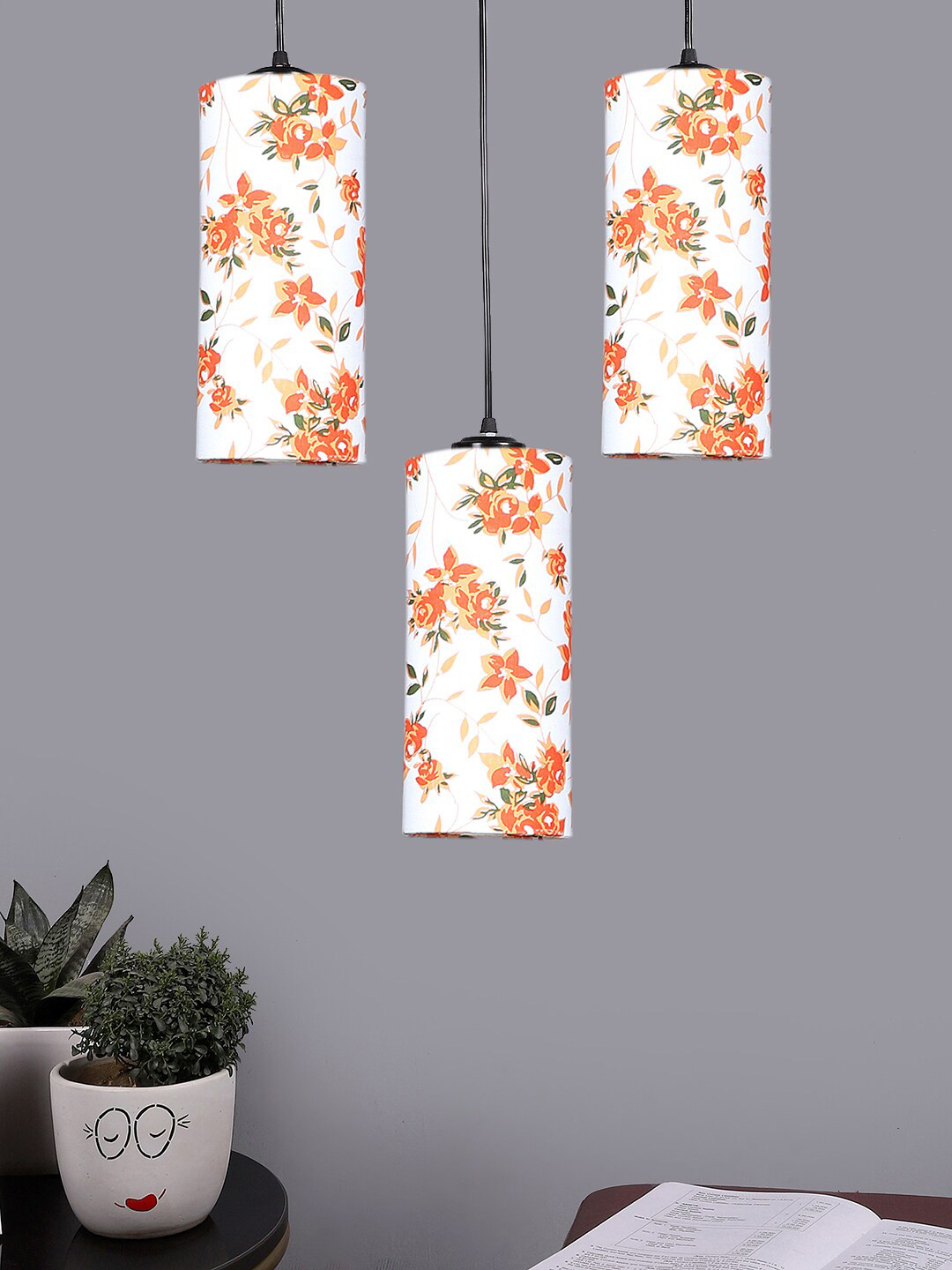 Devansh White & Orange-colored Cluster 3 Round Hanging Lamps & Floral Printed Cotton Shade