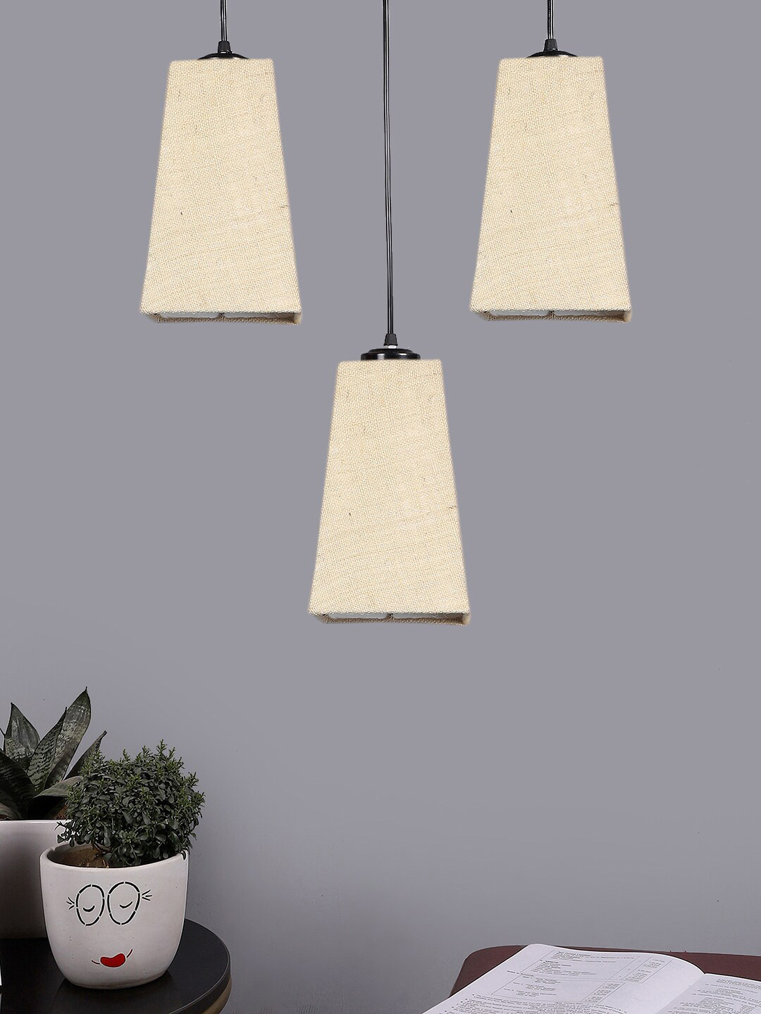 Devansh Beige & Black Textured Cluster 3 Pyramid Shaped Hanging Lamps With Jute Shades