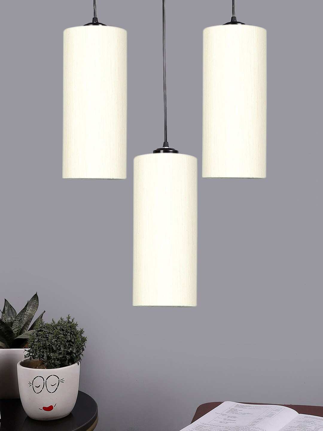 Devansh Off-White & Black Cluster Round Hanging Lamps With Cotton Shades