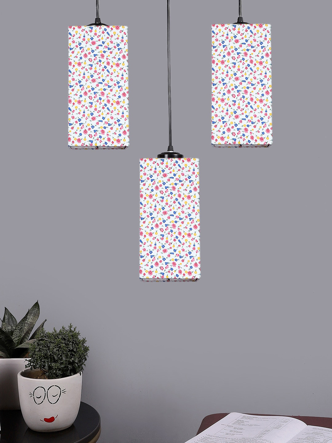 Devansh White & Pink Cluster Square Shaped Hanging Lamps & Floral Printed Cotton Shades