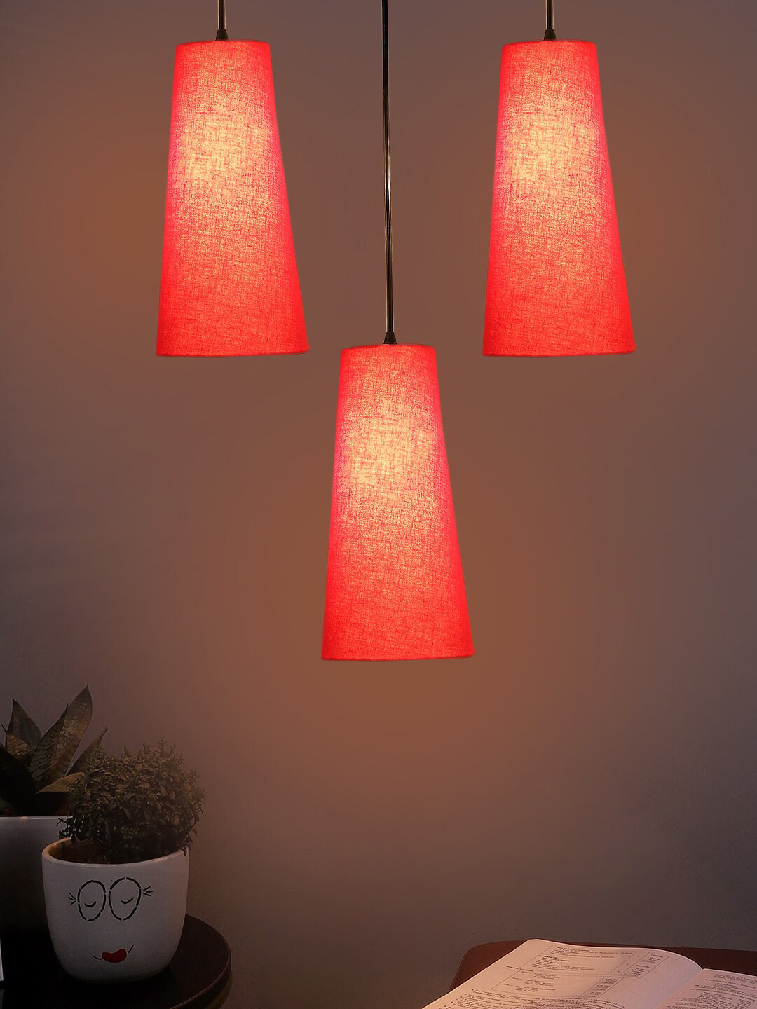 Devansh Red & Black Cluster Conical Shaped Hanging Lamps With Cotton Shades