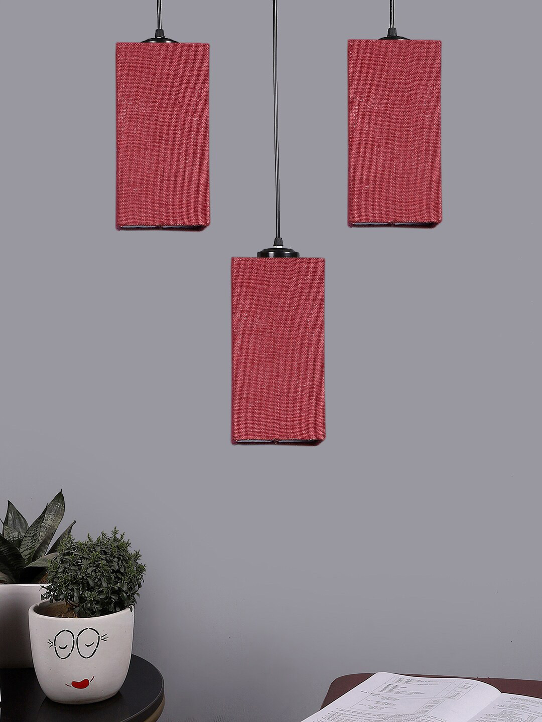 Devansh Maroon & Black Textured Cluster Square Shaped Hanging Lamps With Jute Shades