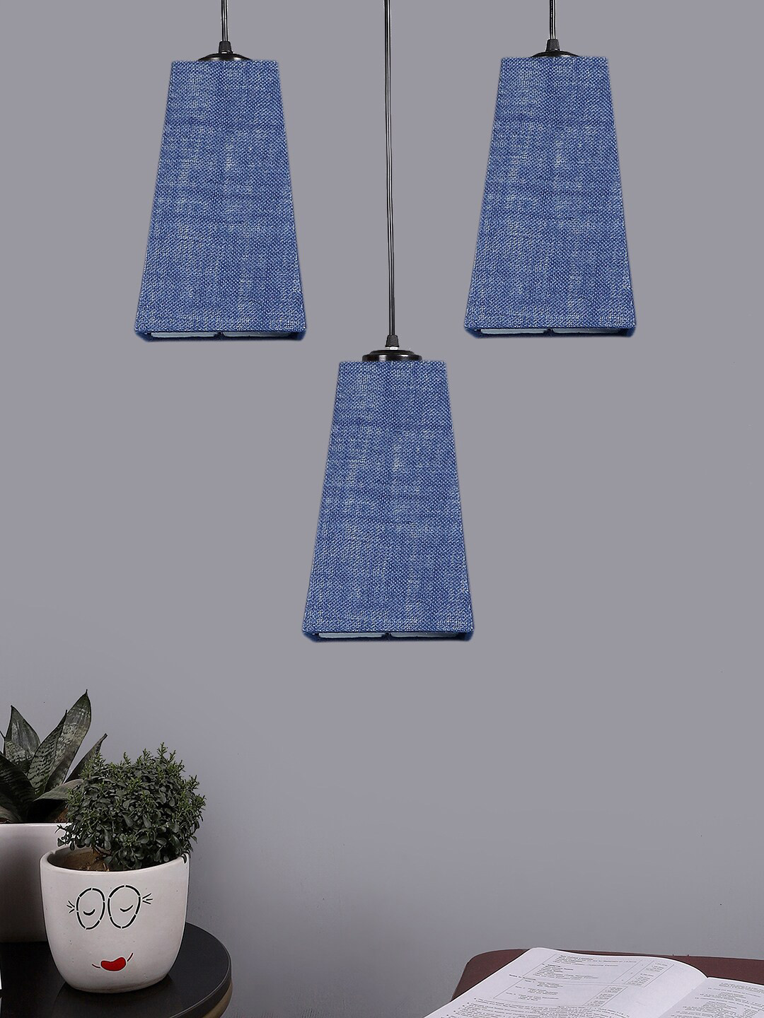 Devansh Blue & Black Textured Cluster Pyramid Shaped Hanging Lamps With Jute Shades