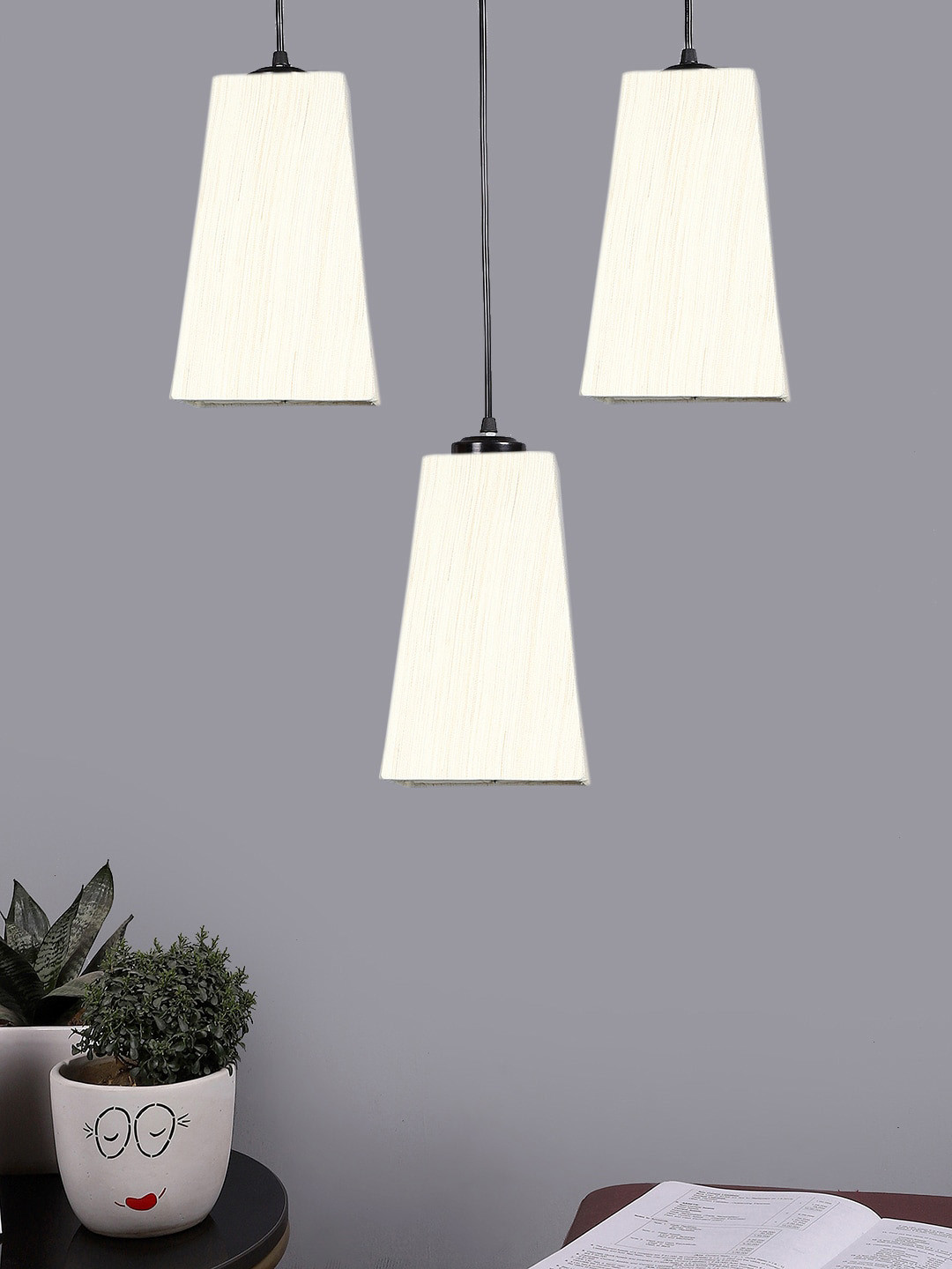 Devansh Off-White & Black Cluster Pyramid Hanging Lamps With Cotton Shades