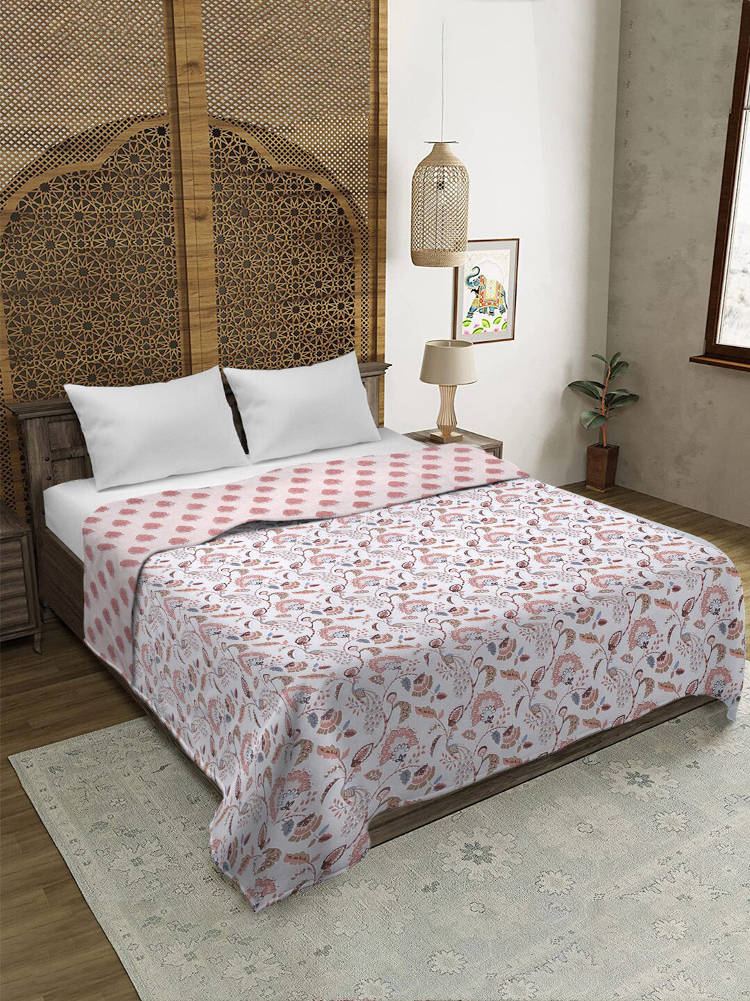 Rajasthan Decor White & Pink Printed Cotton Reversible AC Room 120 GSM Double Bed Dohar