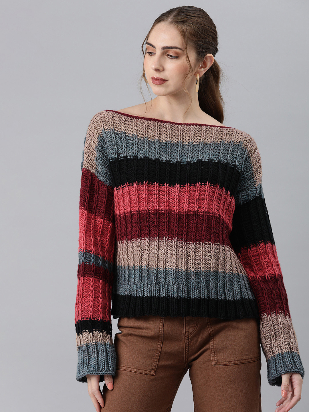 Magic Needles Women Self Design Striped Acrylic Pullover
