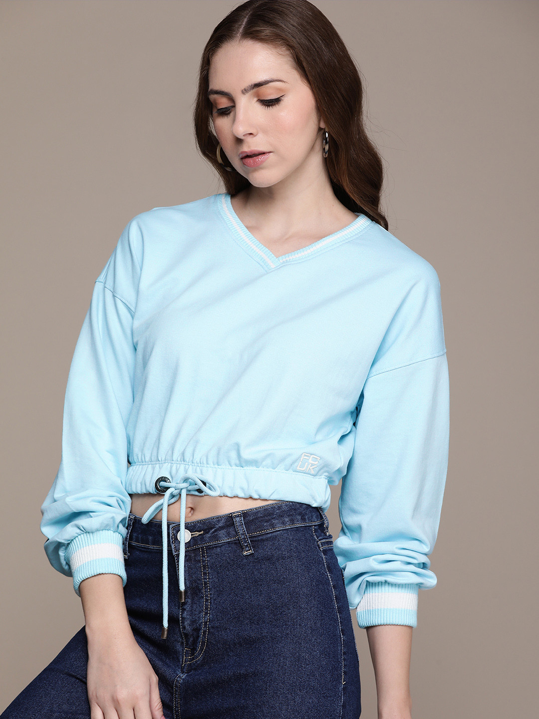 FCUK Solid V-Neck Long Sleeves Crop Sweatshirt
