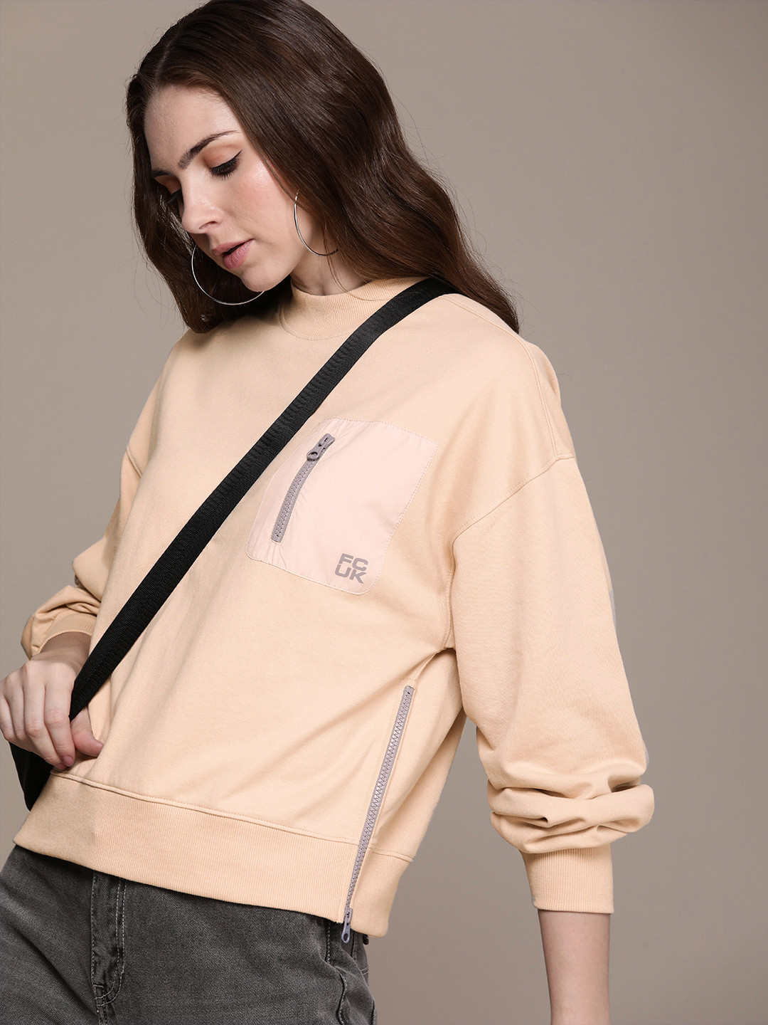 FCUK Zip Detail Solid Long Sleeves Sweatshirt