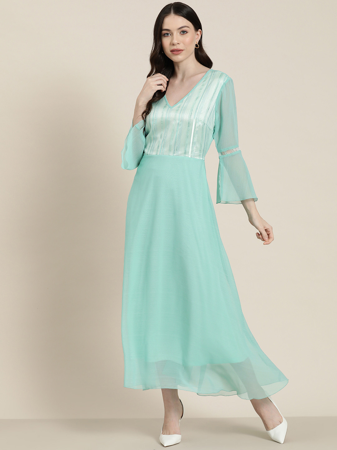 Qurvii Striped Bell Sleeve Chiffon A-Line Maxi Dress