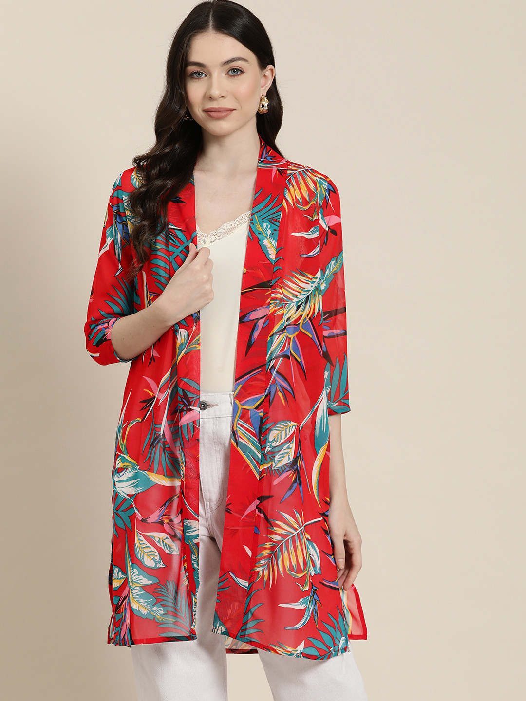 Qurvii Women Printed Longline Tropical Shrug