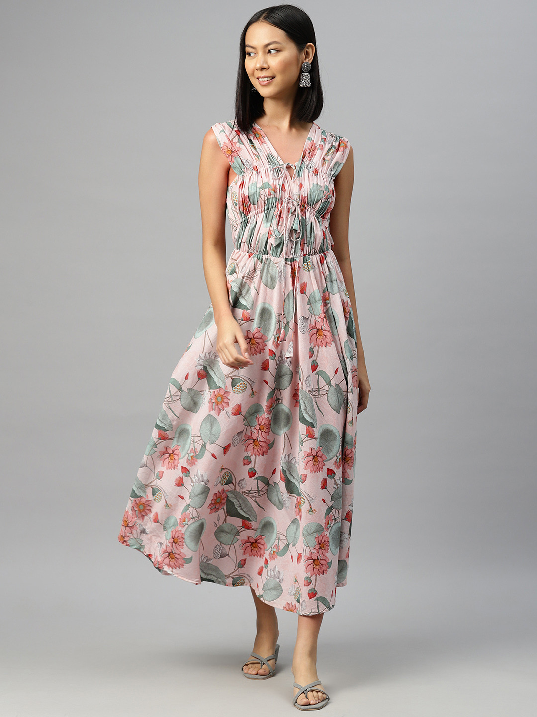 BUTA BUTI Floral Print Blouson Cotton Midi Dress
