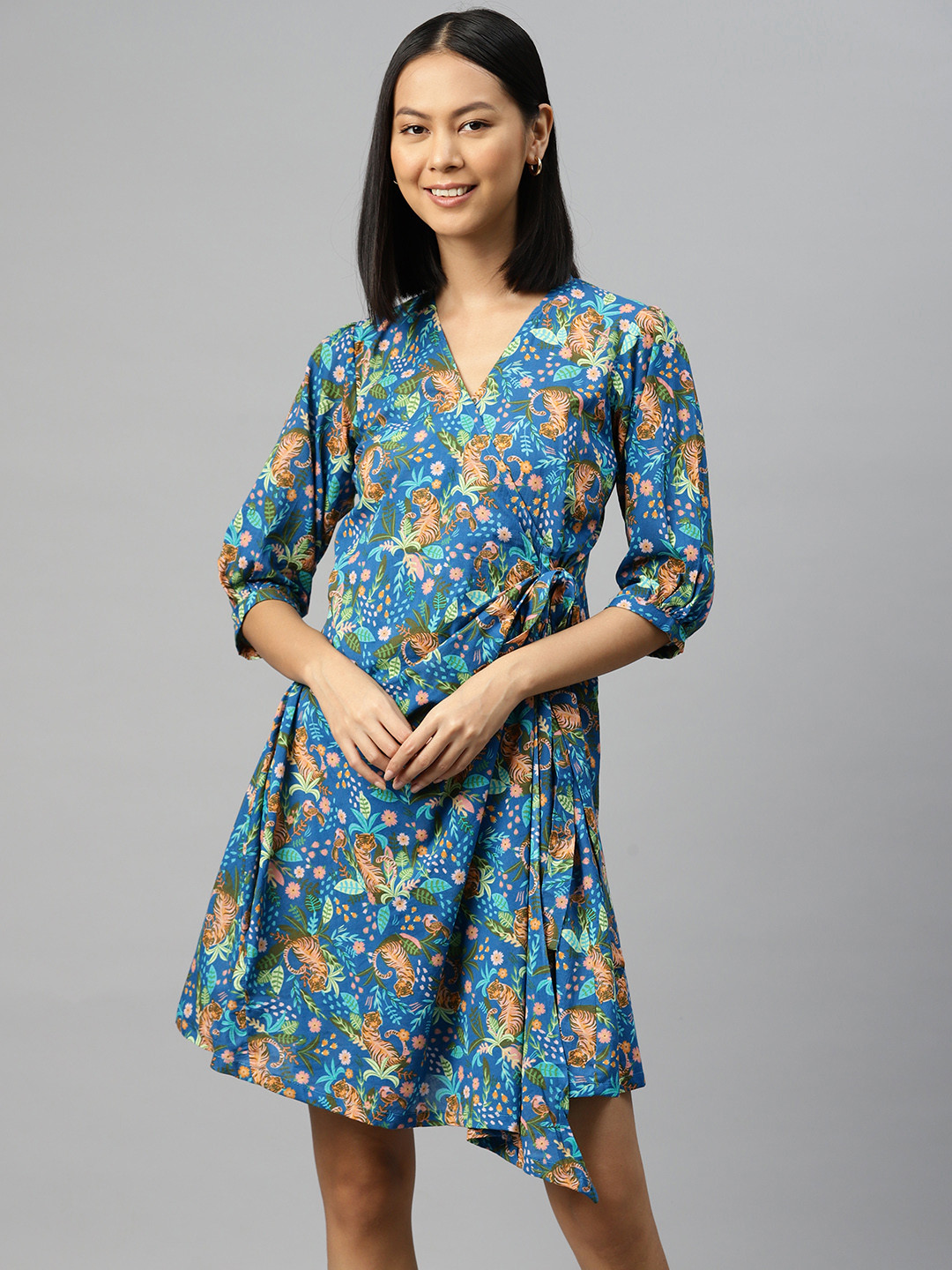 BUTA BUTI Tropical Print Puff Sleeve Cotton Dress