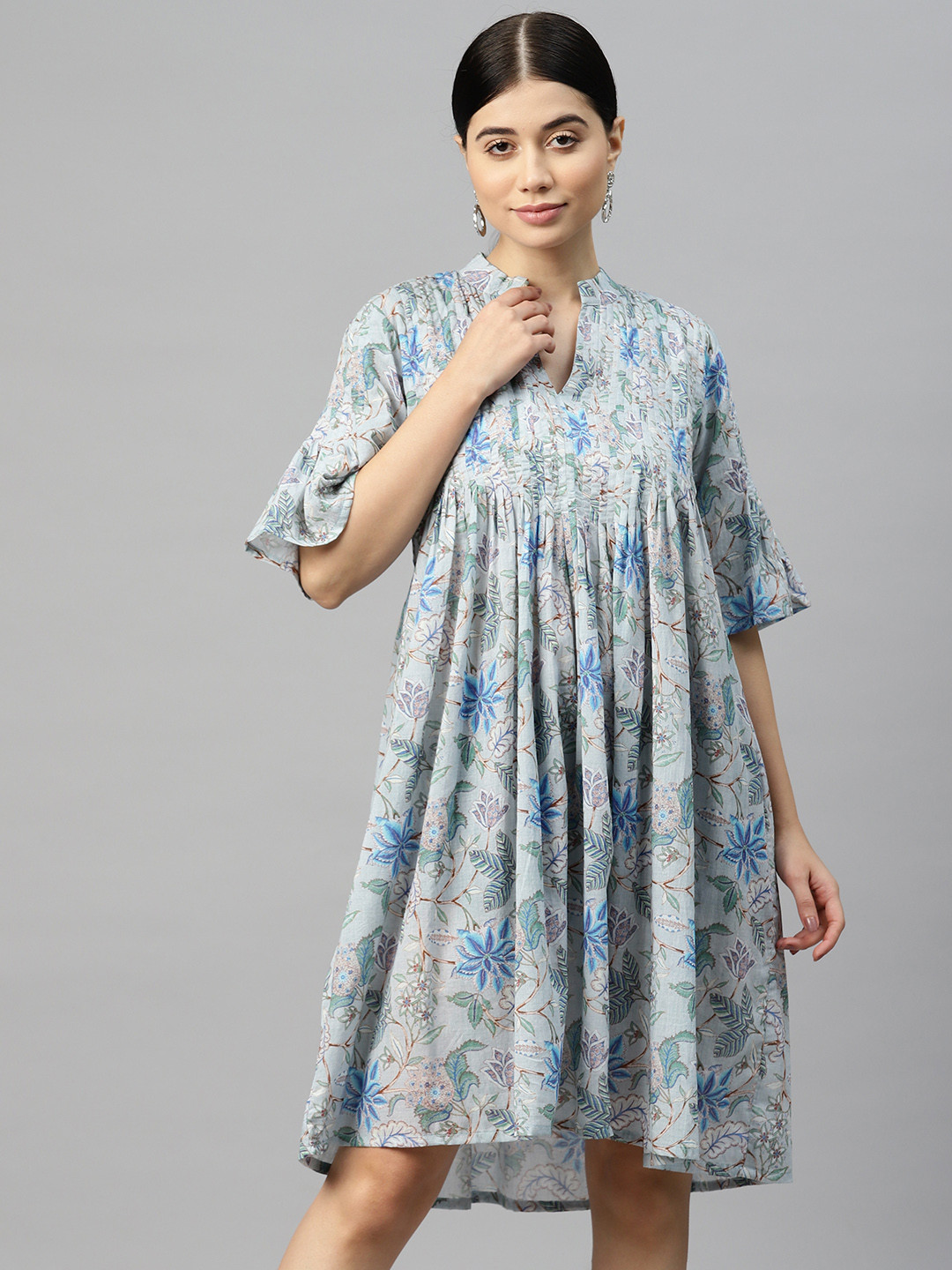 BUTA BUTI Floral Print Flared Sleeve A-Line Cotton Dress