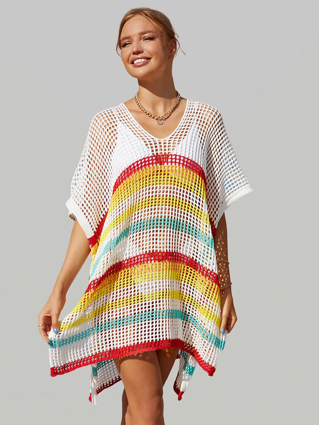 JC Collection Striped Knitted Swimwear Cover Up Top
