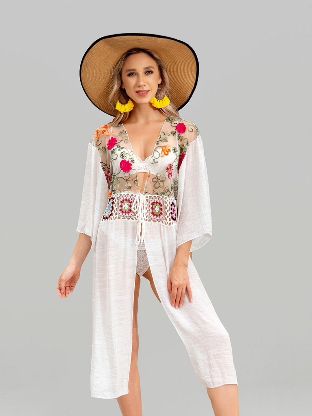 JC Collection Floral Embroidered Knitted Sheer Longline Swimwear Cover up Top