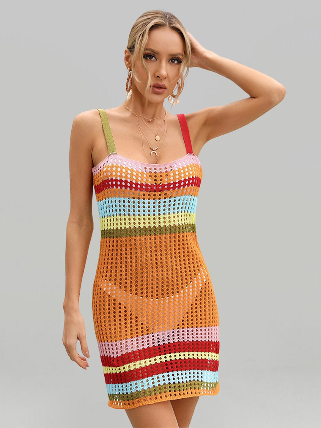 JC Collection Striped Crochet Mini Cover-Up Dress