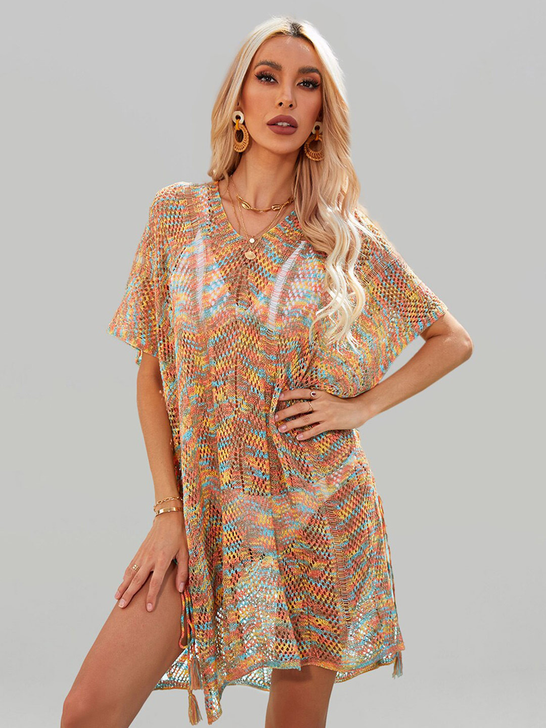 JC Collection Chevron Printed Knitted Sheer Swimwear Cover up Top